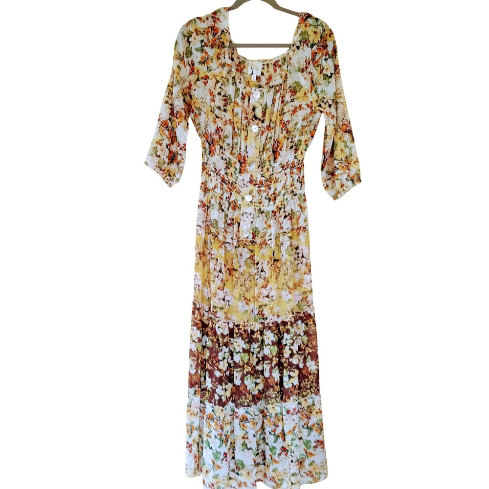 Anthropologie Fig & Flower Floral Tiered Maxi Dress M Cottagecore Boho Smocked - Picture 3 of 5